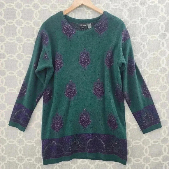 Vtg JEANNE PIERRE Lambswool Christmas Pattern Long Sleeve Sweater Shift Dress - Picture 1 of 8